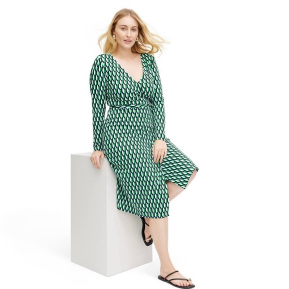 Long-Sleeve Midi Arrow Geo Green Wrap Dress from Diane von Furstenberg XXL NWT - Picture 3 of 4